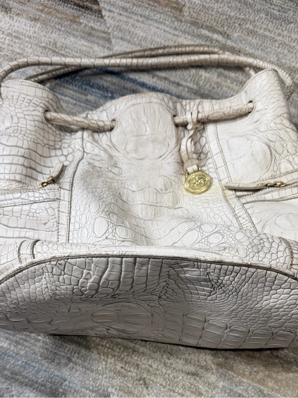 Brahmin Ivory Croc-Embossed Shoulder Bag with Gold Charm